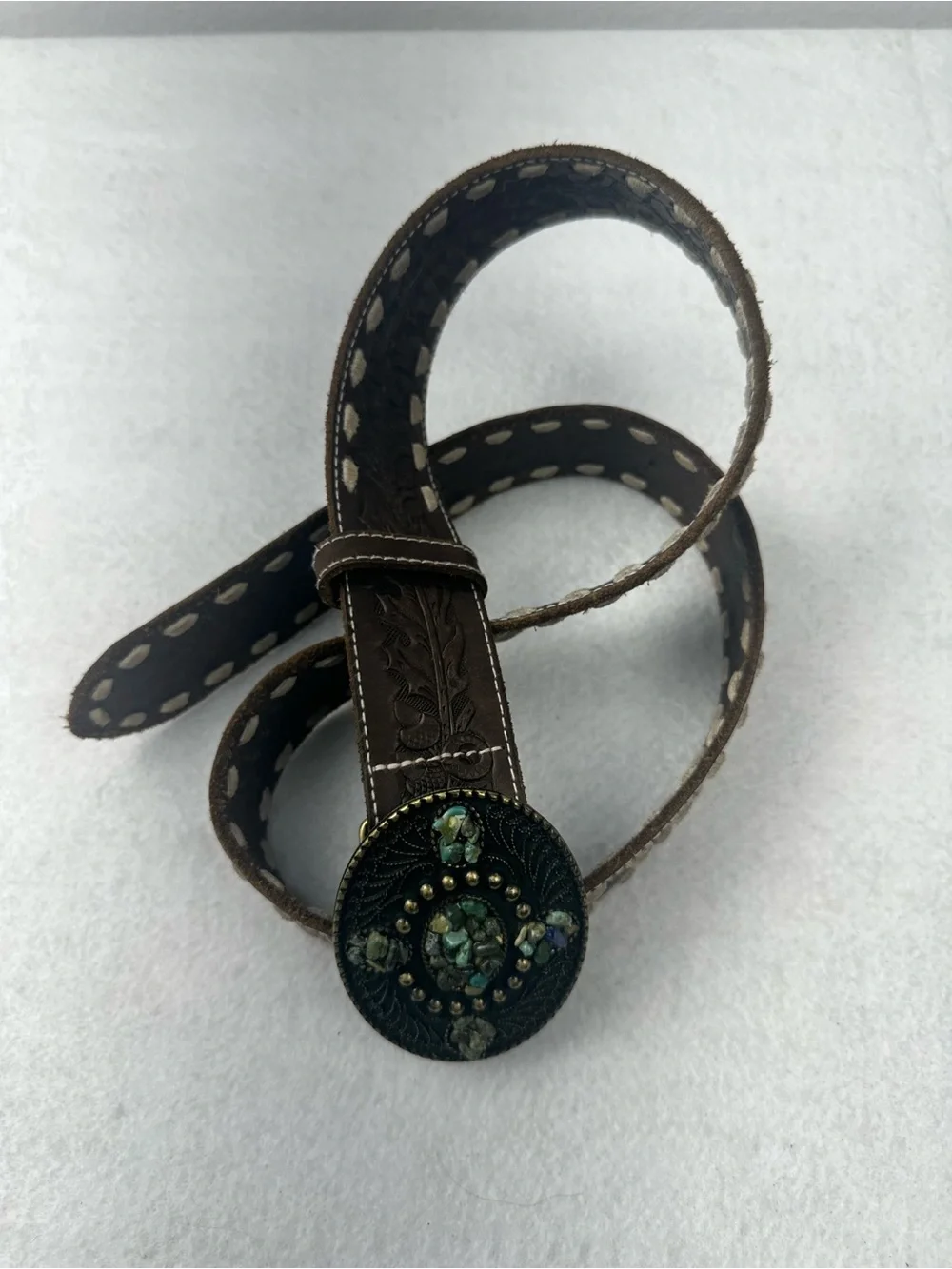 Brown Western Embossed Leather Belt with Decorative Oval Buckle